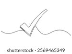 
Continuous line is creating the shape of a check mark, One continuous line drawing check mark, Vector illustration of check mark continuous one line drawing