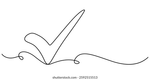 Continuous line is creating the shape of a check mark, One continuous line drawing check mark, Vector illustration of check mark, Icon with reflection on white background, minimalist concept style.