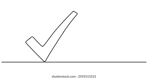 Continuous line is creating the shape of a check mark, One continuous line drawing check mark, Vector illustration of check mark, Icon with reflection on white background, minimalist concept style.