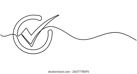  Continuous line is creating the shape of a check mark, One continuous line drawing check, Vector illustration of check mark, with reflection on white background, mark one. 