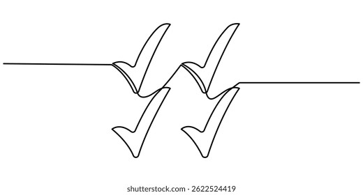 Linha contínua está criando a forma de uma marca de seleção, Uma marca de seleção de desenho de linha contínua, ícone de confirmação de linha única, Ilustração vetorial de marca de seleção desenho contínuo de uma linha.