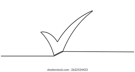 Linha contínua está criando a forma de uma marca de seleção, Uma marca de seleção de desenho de linha contínua, ícone de confirmação de linha única, Ilustração vetorial de marca de seleção desenho contínuo de uma linha.
