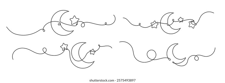 Continuous line crescent. Moon drawing of one line, Ramadan Kareem arabic symbol in simple linear style. Sleep outline sign, crescent with stars vector set.