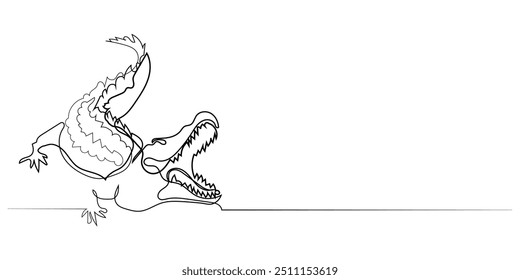 linha contínua de crocodilos.one desenho de linha de um crocodilo abrindo sua ilustração de vetor de linha única mouth.single.crocodiles no selvagem,crocodilo criação.editable traços