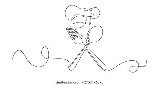 durchgehende Linie aus gekreuztem Löffel und Gabel mit Kochmütze. Zeichen oder Symbol für Restaurant, Essen, Café, Catering. einzeilige Vektorgrafik