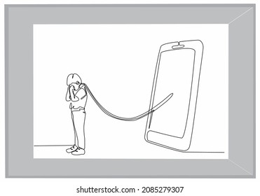 
continuous line crying boy chained around the neck with smartphone line vector illustration