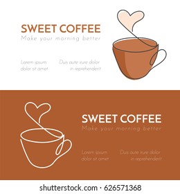 Continuous line cup of hot chocolate with steam. Vector illustration. One line drawing with brown decoration. Hand drawn element for cafe logo, inviting, business card, banner, sale poster, flyer