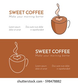 Continuous line cup of hot coffee with steam. Hot drink single outline banners set, vector illustration.