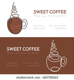 Continuous line cup of hot coffee with steam. Hot drink single outline banners set, vector illustration.