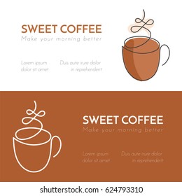 Continuous line cup of hot coffee with steam. Hot drink single outline banners set, vector illustration.
