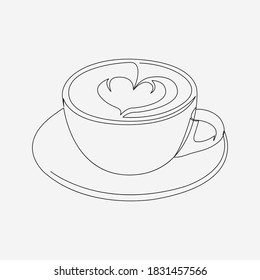 Continuous line, Cups of cappuccino with latte art. Drawing of set Drink. (Vector illustration one line drawing)