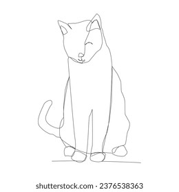 Continuous line of cute cat sitting happily. Isolated illustration of cute funny kitten. Vector template of sitting cat.