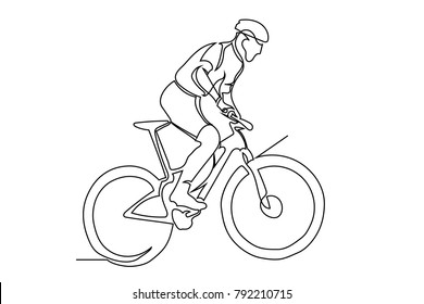 continuous line cyclist on a bicycle in competitions, drawn by hand. Icon, vector, picture, tattoo. Close-up.