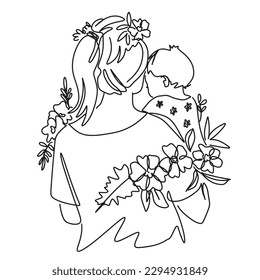 continuous line day line mother and child mother's day card hand drawn floral line art illustration vector