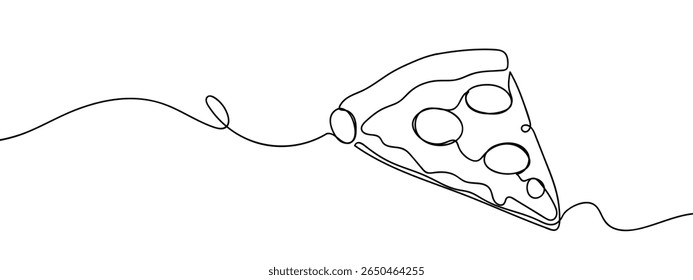 Continuous line. Delicious slice of pizza with stretchy cheese and pepperoni. Food illustration. Minimal hand drawn line vector cut out background.