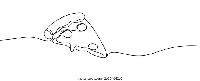 Continuous line. Delicious slice of pizza with stretchy cheese and pepperoni. Food illustration. Minimal hand drawn line vector cut out background.
