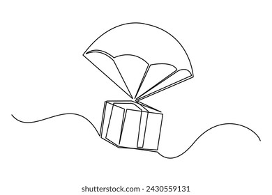 línea continua de caja de entrega y paracaídas. línea única de entrega de mercancías con paracaídas. ilustración vectorial de línea de regalo con paracaídas