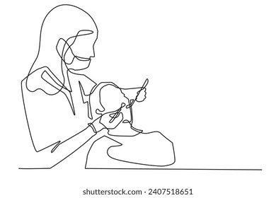 línea continua de dentista.dibujo de una línea de dentista femenino examinando al paciente.arte de línea dentista aislado fondo blanco