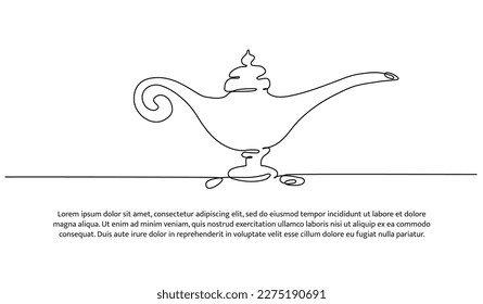 Diseño continuo de la línea de la tetera mágica aladina. Elementos decorativos dibujados sobre un fondo blanco.