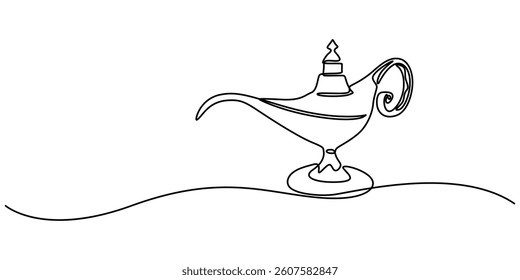 Continuous line design of aladdin magic teapot. Decorative elements drawn on a white background, One line Drawing of a Magic Aladdin Lamp with Smoke, gin lamp one line vector design flat vector icon. 