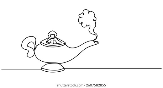 Continuous line design of aladdin magic teapot. Decorative elements drawn on a white background, One line Drawing of a Magic Aladdin Lamp with Smoke, gin lamp one line vector design flat vector icon. 