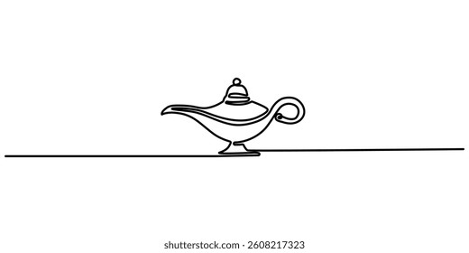 Continuous line design of aladdin magic teapot. Decorative elements drawn on a white background. Drawing of set Magic of minimalist concept.
