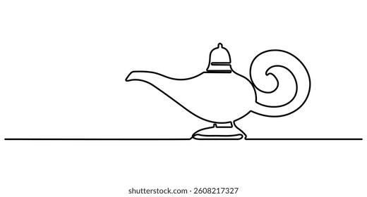 Continuous line design of aladdin magic teapot. Decorative elements drawn on a white background. Drawing of set Magic of minimalist concept.