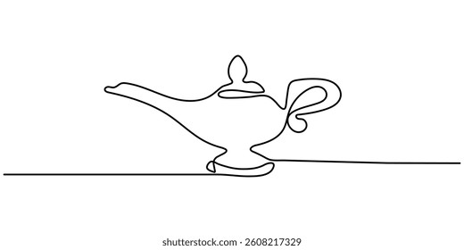 Continuous line design of aladdin magic teapot. Decorative elements drawn on a white background. Drawing of set Magic of minimalist concept.