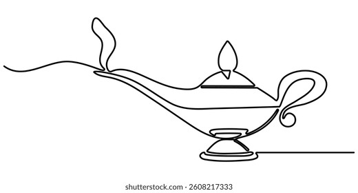 Continuous line design of aladdin magic teapot. Decorative elements drawn on a white background. Drawing of set Magic of minimalist concept.