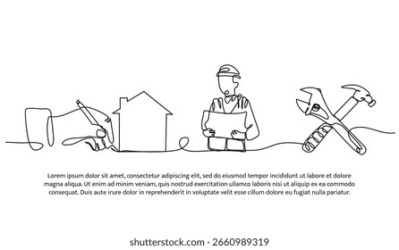 Continuous line design of the architect observes the structure of the building. Single line decorative element drawn on white.