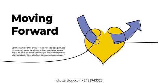 Continuous line design of arrows pointing up through heart shape. Single line decorative elements drawn on white background.