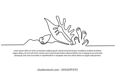 Continuous line design of the beauty of coral reefs and coral snails. Single line decorative elements drawn on a white background.