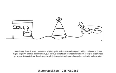 Continuous line design of birthday cake and accessories. Single line decorative element drawn on white.
