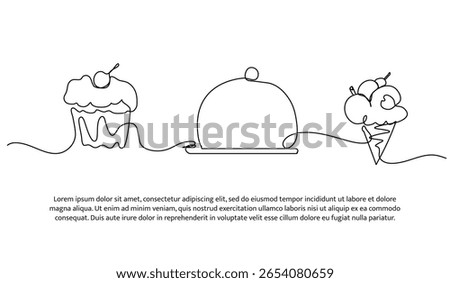 Continuous line design of birthday cake. Single line decorative element drawn on white.