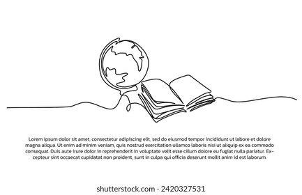 Continuous line design of books and the world. Single line decorative element drawn on white background.