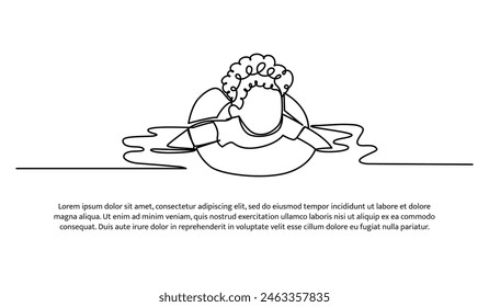 Continuous line design of a boy floats in the water using a tire swimming float. Single line decorative elements drawn on a white background.