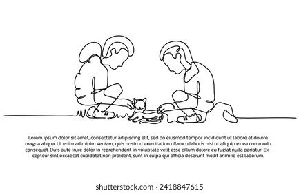 Continuous line design of boy and girl playing with cat. Single line decorative elements drawn on a white background.