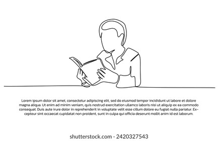 Continuous line design of boy reading a book. Single line decorative element drawn on white background.