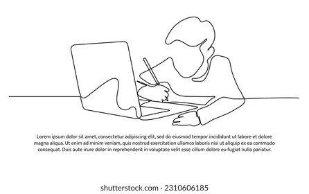 Continuous line design of boy studying in front of laptop. Decorative elements drawn on a white background.
