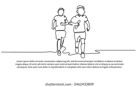 Continuous line design of the boys are running a marathon together. Single line decorative elements drawn on a white background.