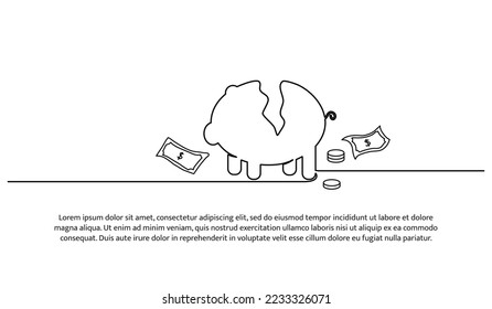 Diseño continuo de la línea de un banco de cerdos rotos. Un símbolo de desesperación, necesidad desesperada. Elementos decorativos dibujados sobre un fondo blanco.