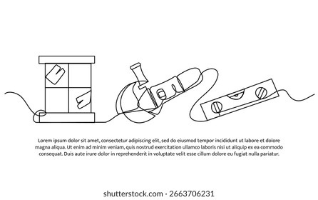 Continuous line design of build tool. Single line decorative element drawn on white.