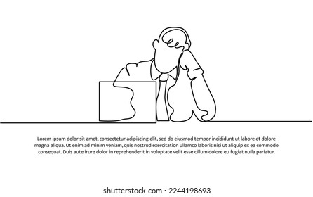 Continuous line design of business man exhausted at work. Decorative elements drawn on a white background.