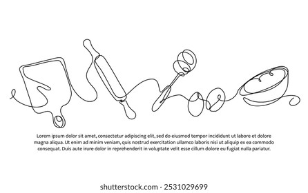 Continuous line design of cake cooking equipment. Single line decorative element drawn on white.