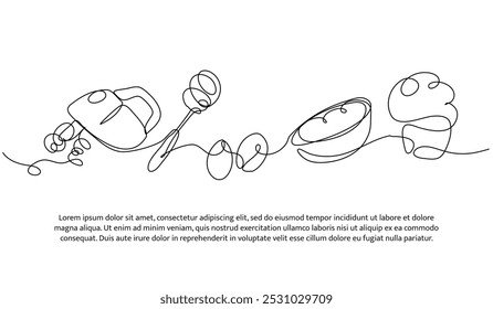 Diseño de línea continua de mezclador de masa de pastel. Elemento decorativo de una sola línea dibujado en blanco.