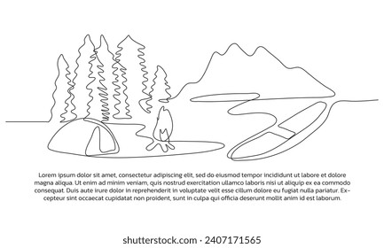 Continuous line design of camping on the coast watching the boats. Single line decorative elements drawn on a white background.