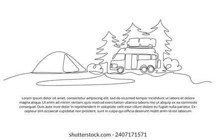 Continuous line design of camping trip by car. Single line decorative elements drawn on a white background.