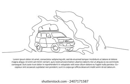 Continuous line design of camping trip. Single line decorative elements drawn on a white background.