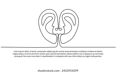 Continuous line design of care about hearing. Single line decorative elements drawn on a white background.