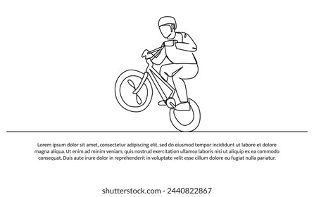 Continuous line design of a child was having fun on a bicycle. One line decorative elements drawn on a white background.